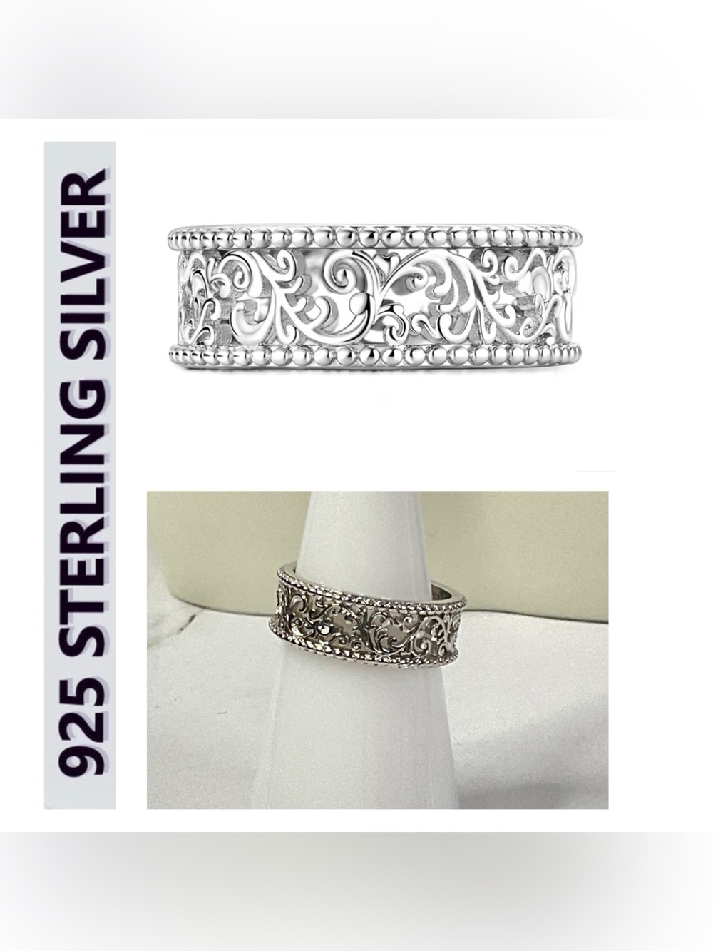 🌟🌟 925 Sterling Silver Filigree Scroll Band Ring